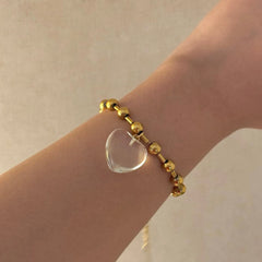 Gold Beaded Bracelet Clear Heart Pendant – Elegant Adjustable Chain for Women - DZOIR