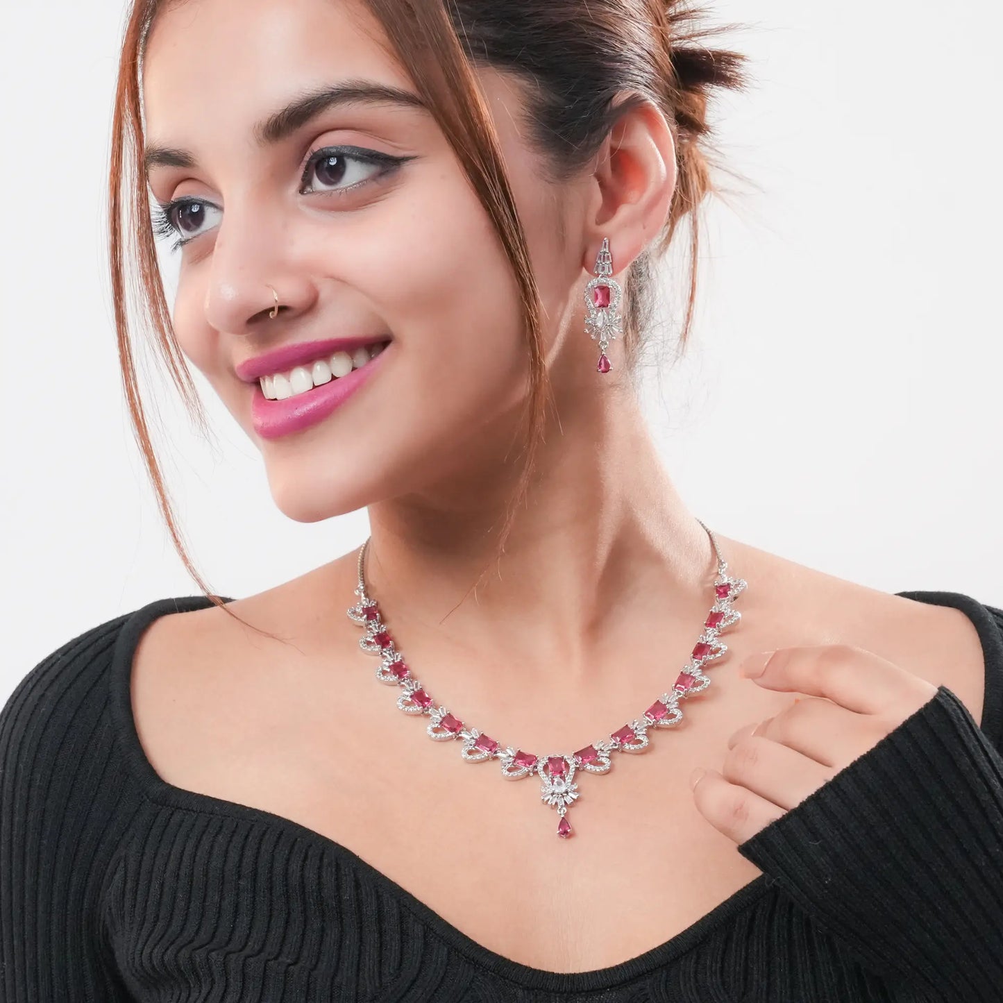 Silver Finish Choker with Earrings | Pink Stone CZ Necklace Set for Women - DZOIR