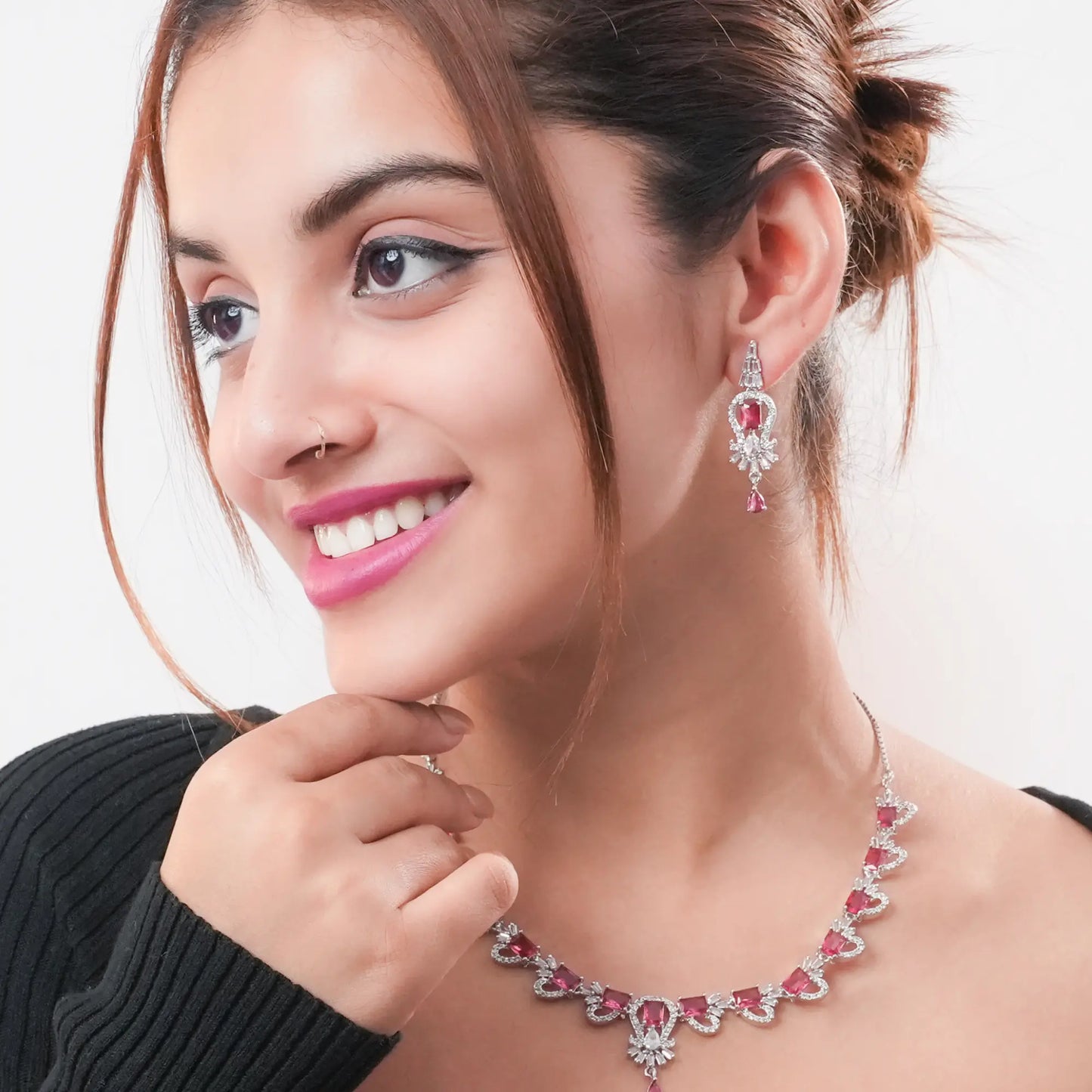 Silver Finish Choker with Earrings | Pink Stone CZ Necklace Set for Women - DZOIR