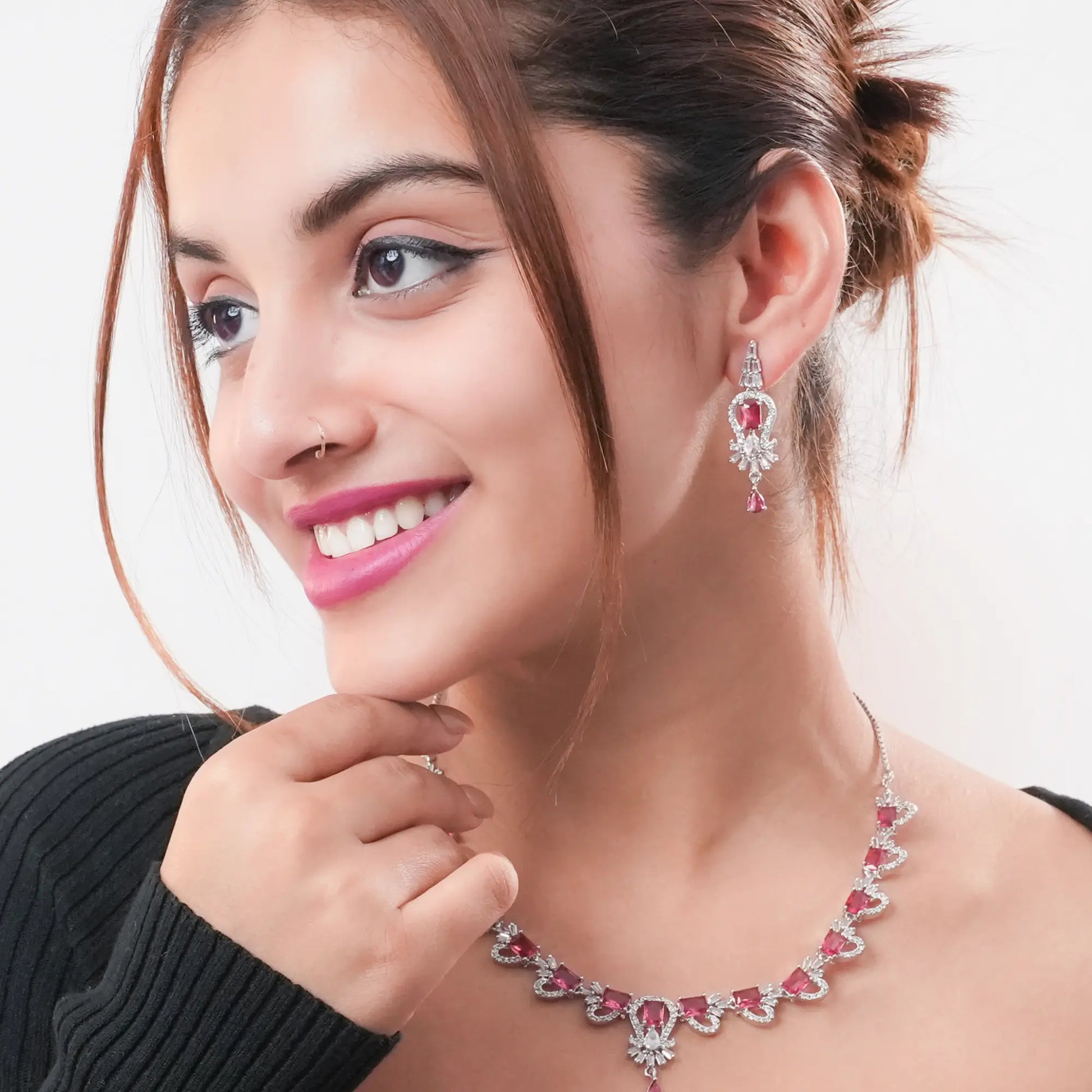 Silver Finish Choker with Earrings | Pink Stone CZ Necklace Set for Women - DZOIR