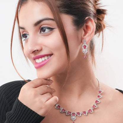 Silver Finish Choker with Earrings | Pink Stone CZ Necklace Set for Women - DZOIR