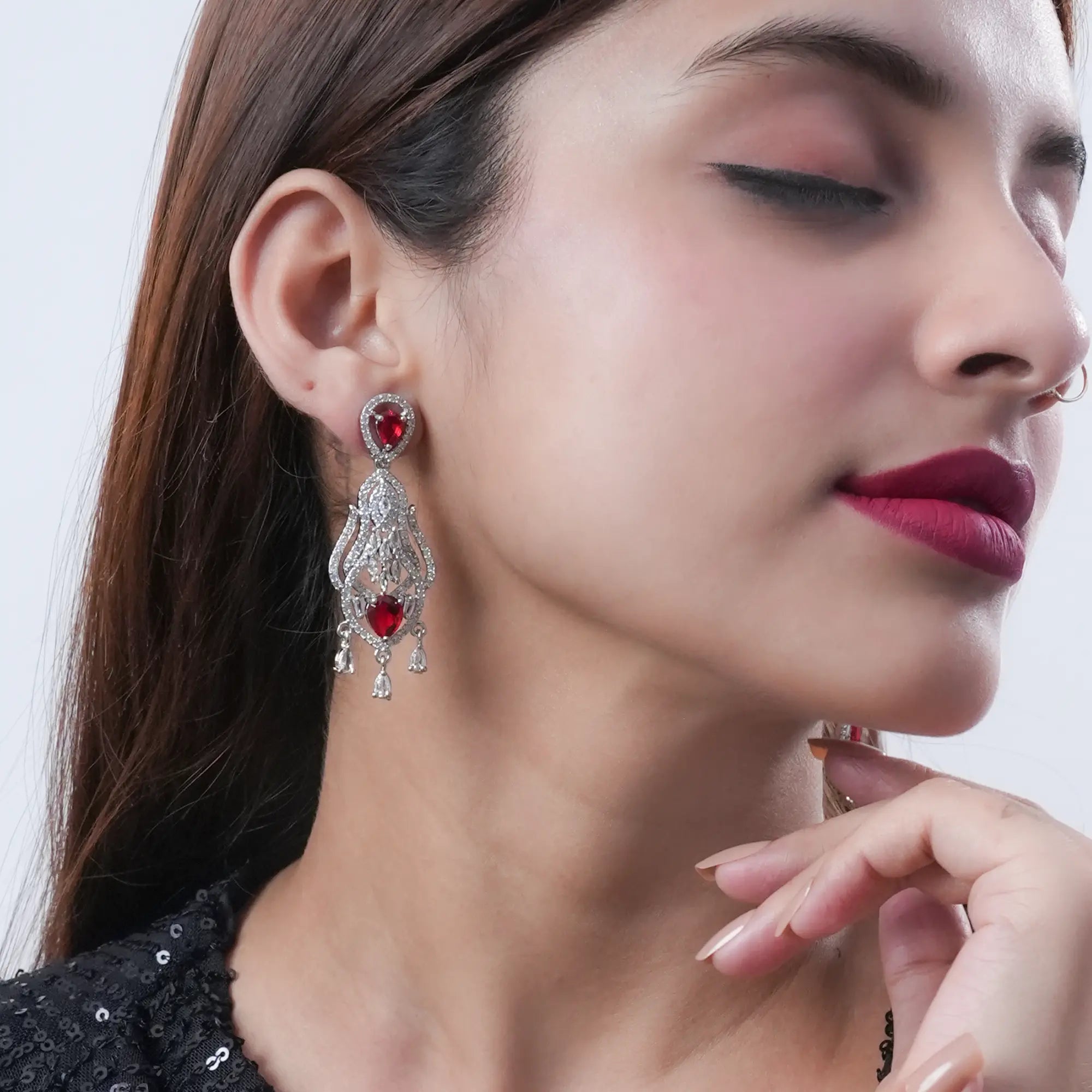Red Stone Drop CZ Diamonds Earrings | Elegant Bridal & Party Wear Jewellery - DZOIR
