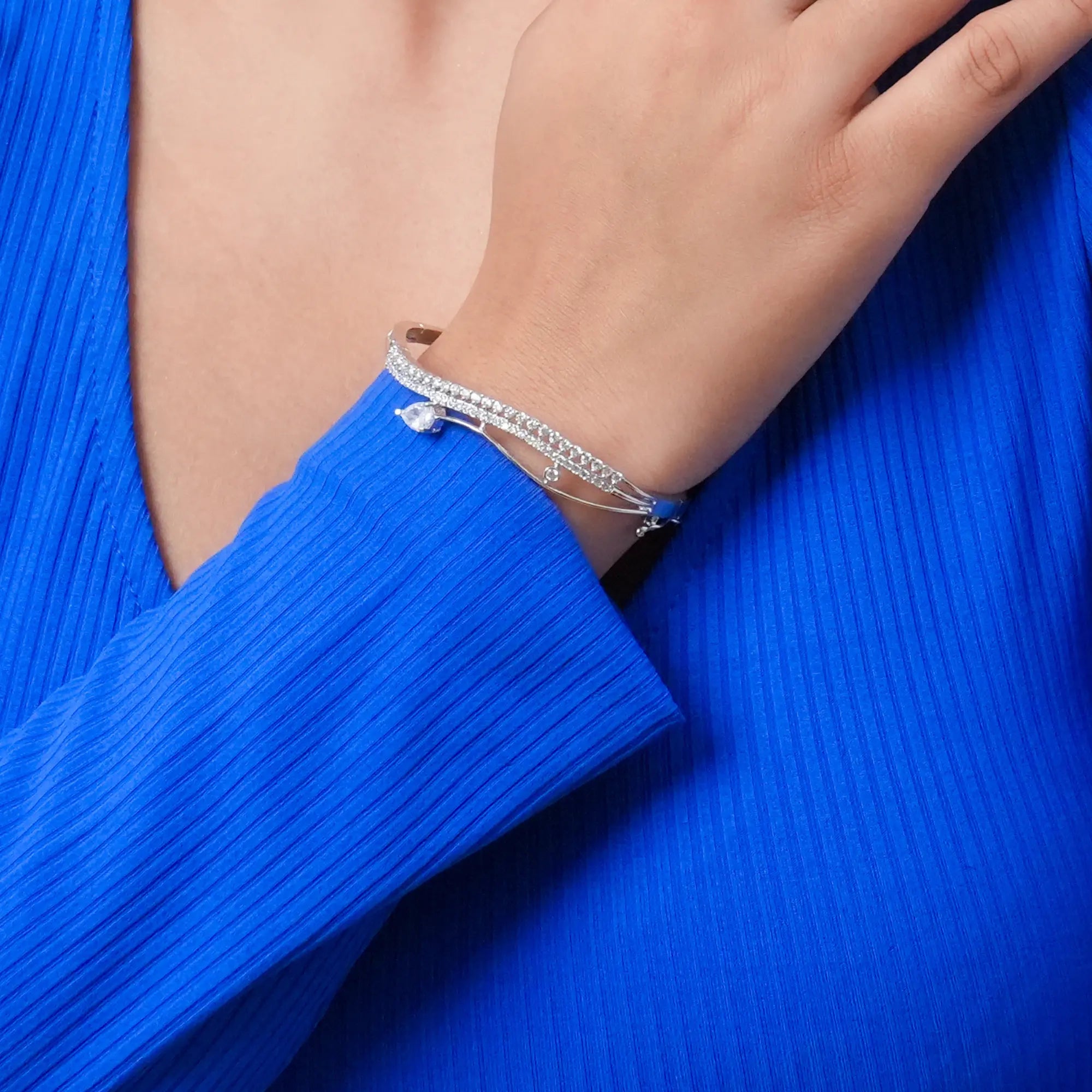 Stylish Silver-Plated Bangle with White Crystal Accents – Women’s Jewellery - DZOIR