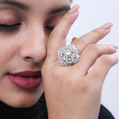 Royal Crystal Studded Floral Ring – Elegant Silver-Tone Finger Ring - DZOIR