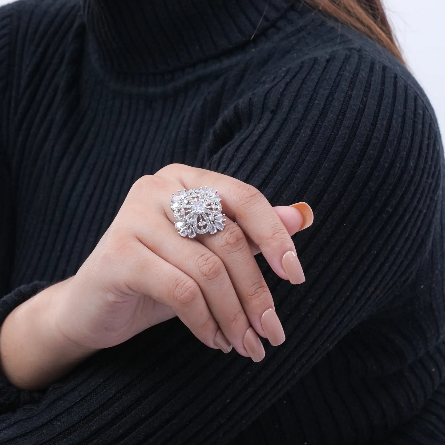 Royal Crystal Studded Floral Ring – Elegant Silver-Tone Finger Ring - DZOIR