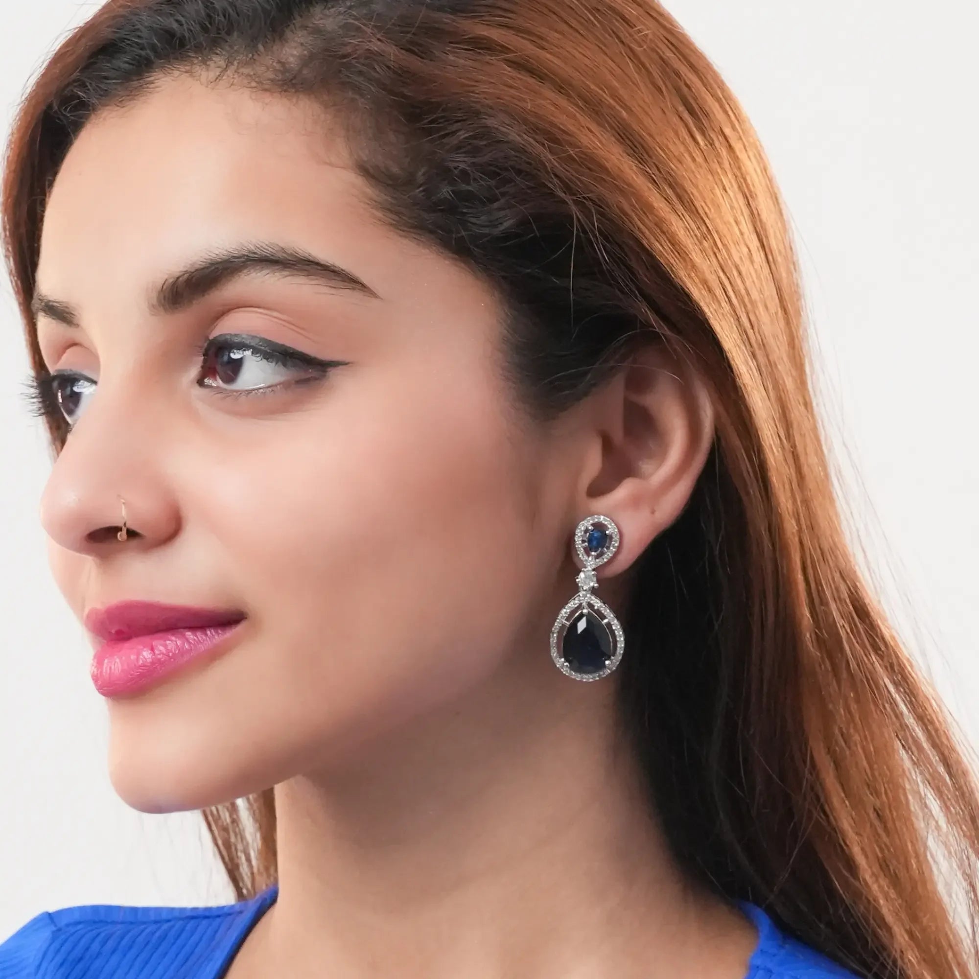 Blue American Diamond Drop Earrings for Women | Cubic Zirconia Danglers | Elegant AD Jewelry for Women | Stylish Statement Earrings - DZOIR