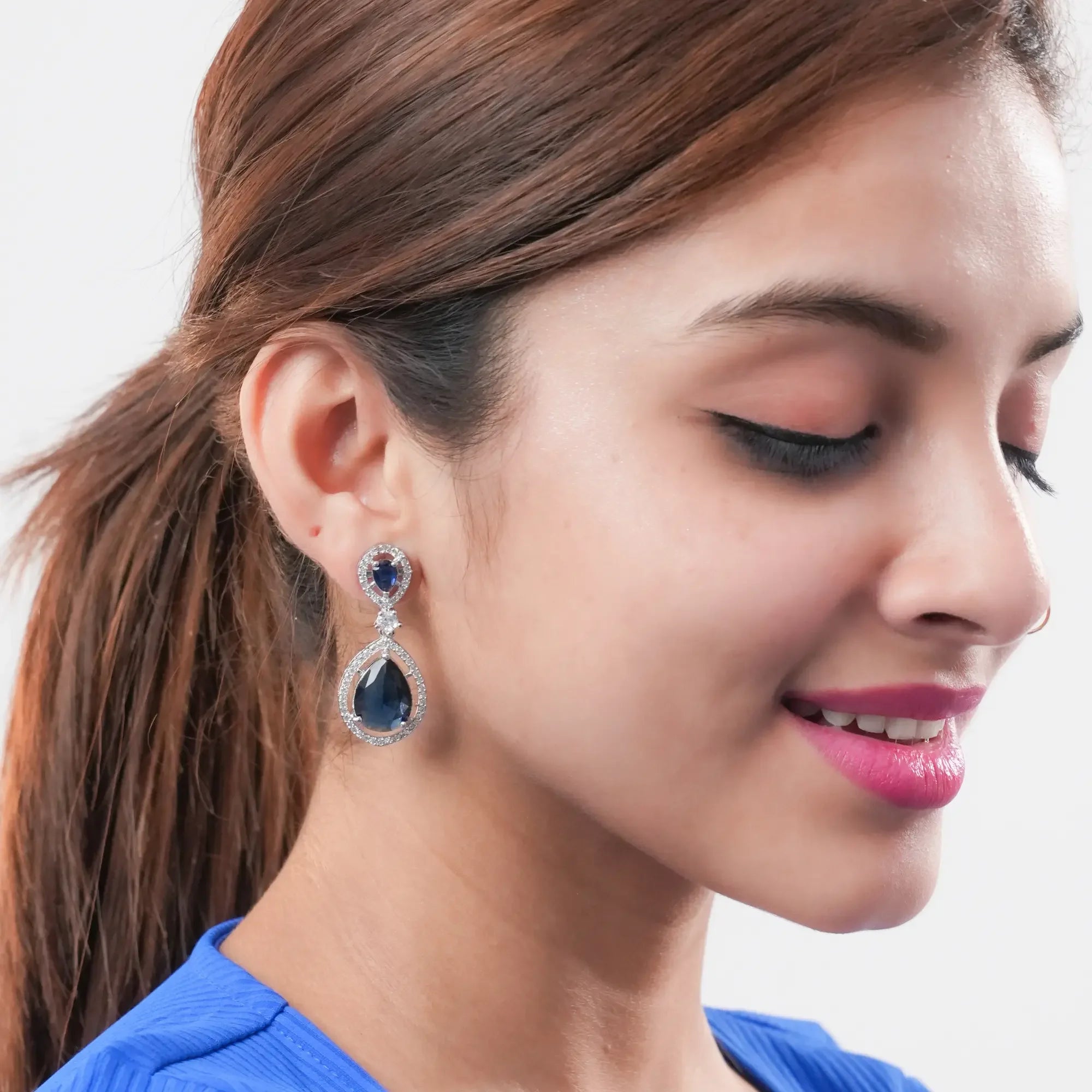Blue American Diamond Drop Earrings for Women | Cubic Zirconia Danglers | Elegant AD Jewelry for Women | Stylish Statement Earrings - DZOIR