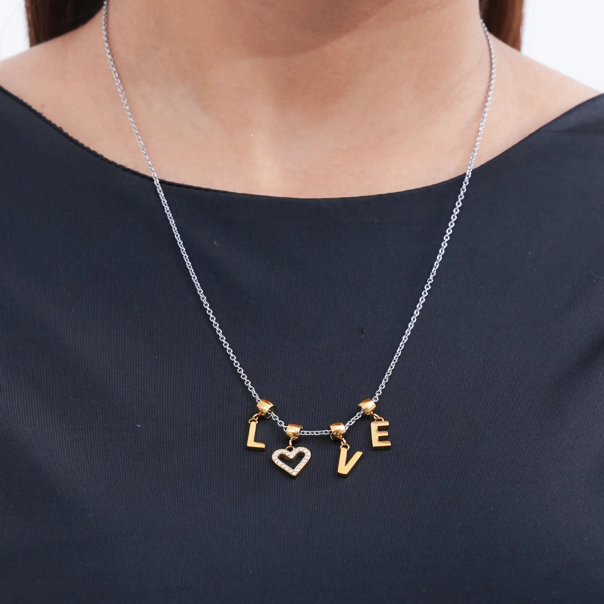 LOVE Charm Necklace with Gold Letters | Dual-Tone Dainty Pendant for Women - DZOIR