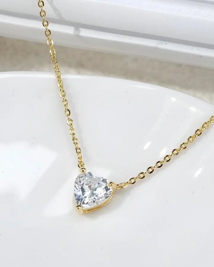 Elegant Solitaire Heart Necklace for Women – Gold Plated Chain with CZ Stone - DZOIR