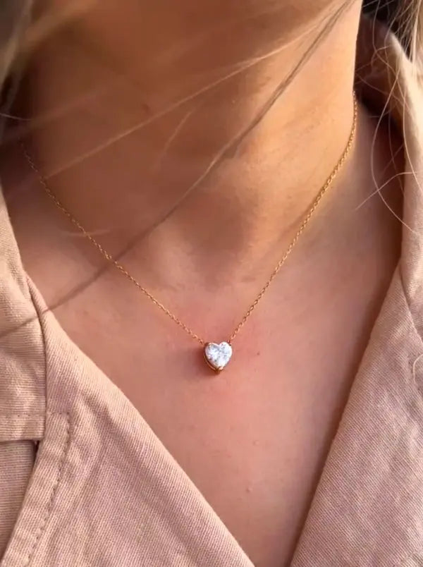 Elegant Solitaire Heart Necklace for Women – Gold Plated Chain with CZ Stone - DZOIR
