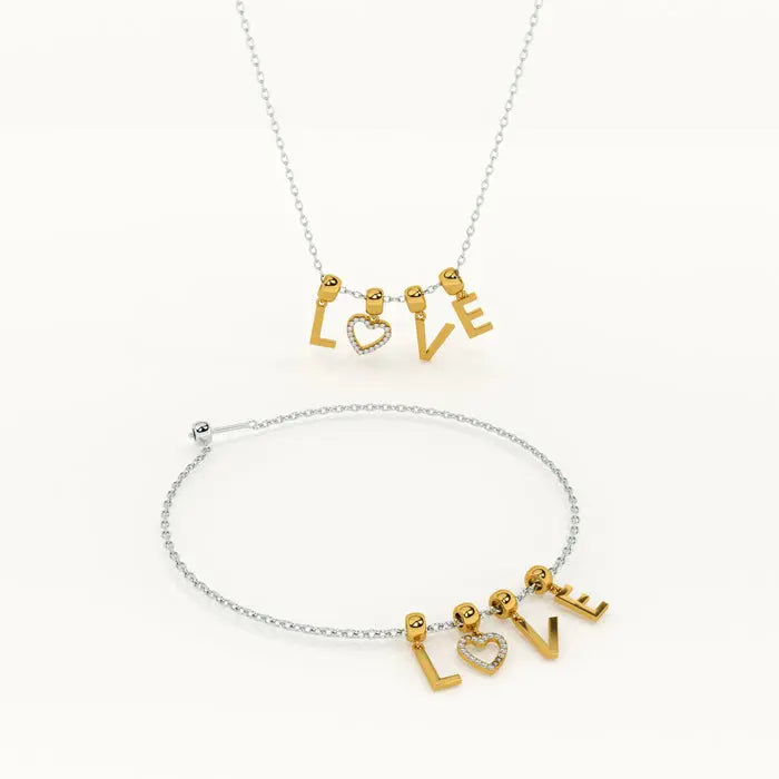 LOVE Charm Bracelet – Gold & Silver Dual-Tone Chain with Crystal Heart Bracelet for Women - DZOIR