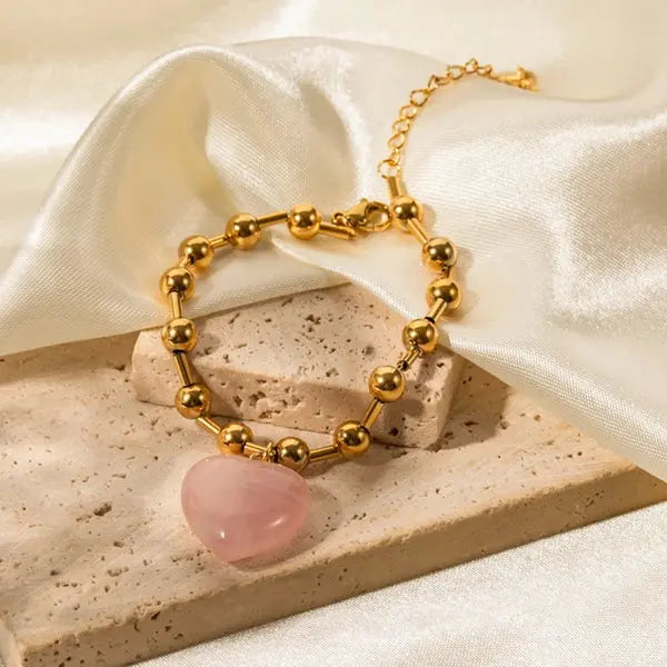 Gold Beaded Bracelet Clear Heart Pendant – Elegant Adjustable Chain for Women - DZOIR