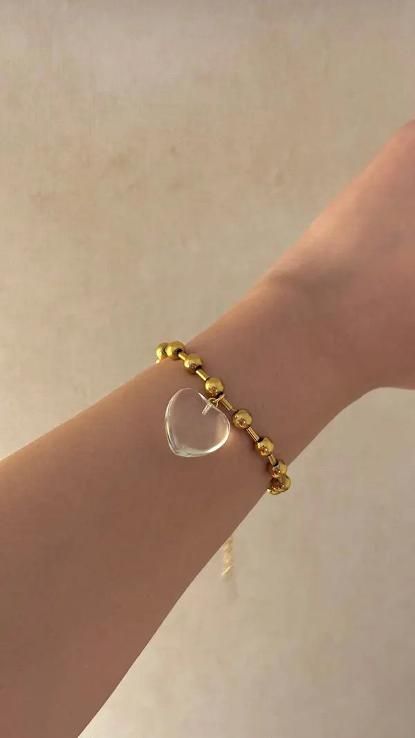 Gold Beaded Bracelet Clear Heart Pendant – Elegant Adjustable Chain for Women - DZOIR