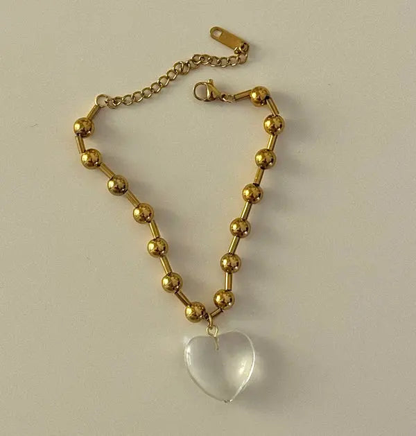 Gold Beaded Bracelet Clear Heart Pendant – Elegant Adjustable Chain for Women - DZOIR