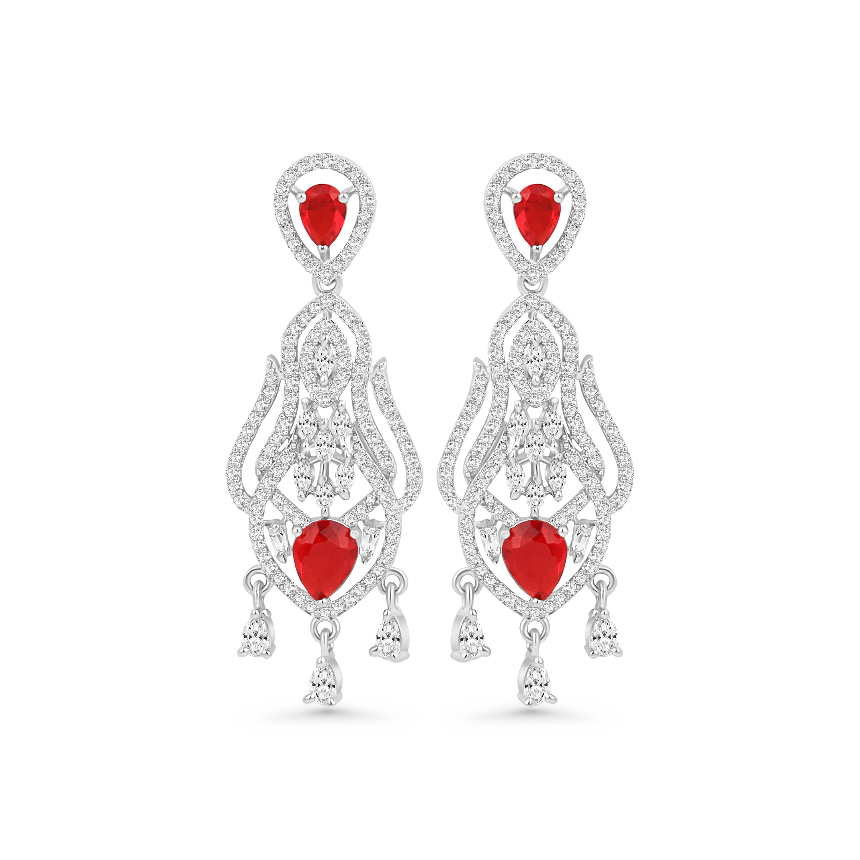 Elegant Red Stone Dangle Earrings for Women | Silver-Plated Designer Partywear Earrings - DZOIR