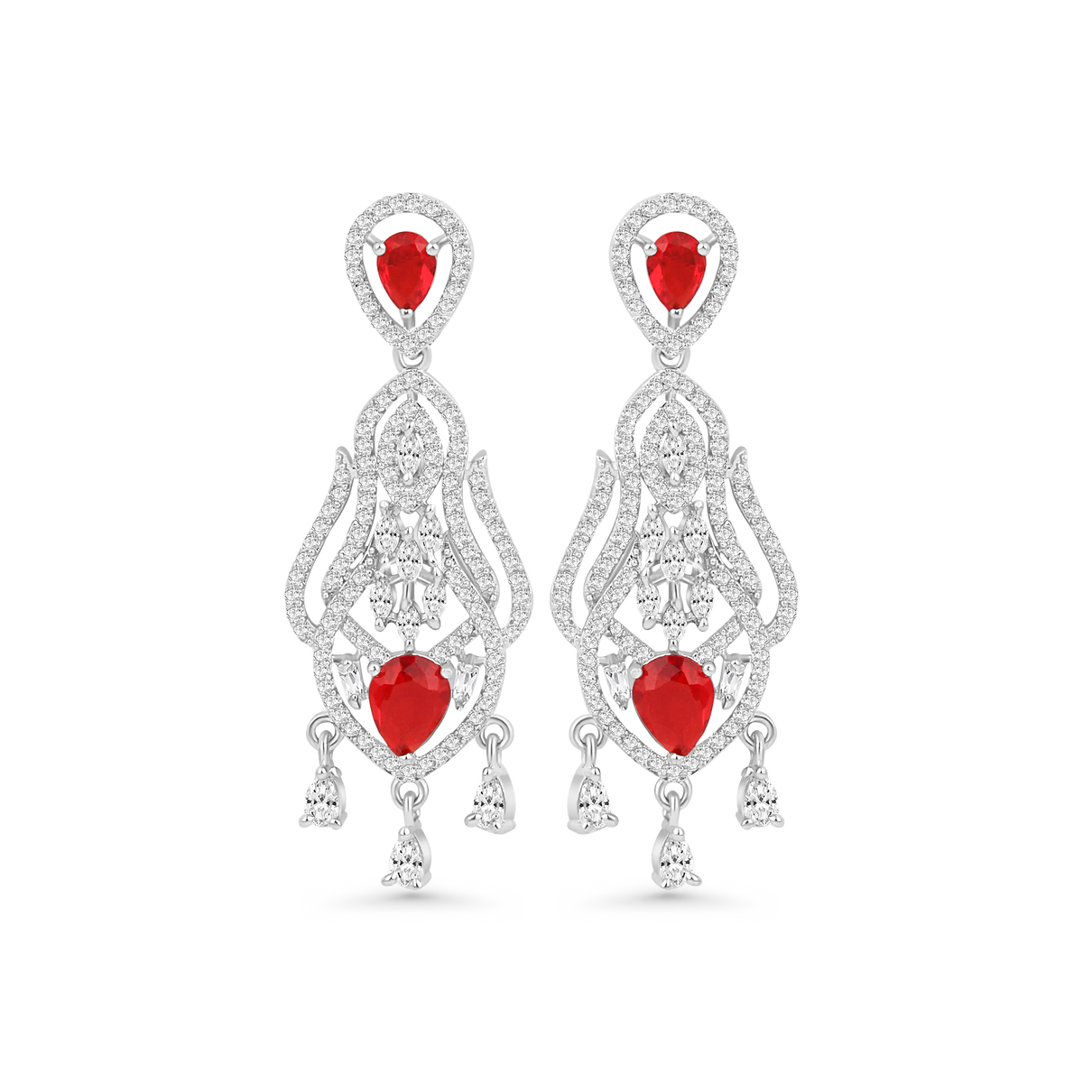 Elegant Red Stone Dangle Earrings for Women | Silver-Plated Designer Partywear Earrings - DZOIR