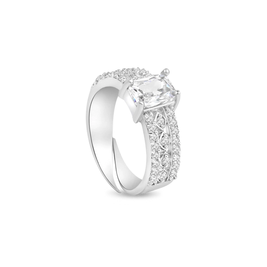 Luxury White Princess-Cut Engagement Ring – Silver-Tone Pavé Band with Sparkling Accents - BELARIC