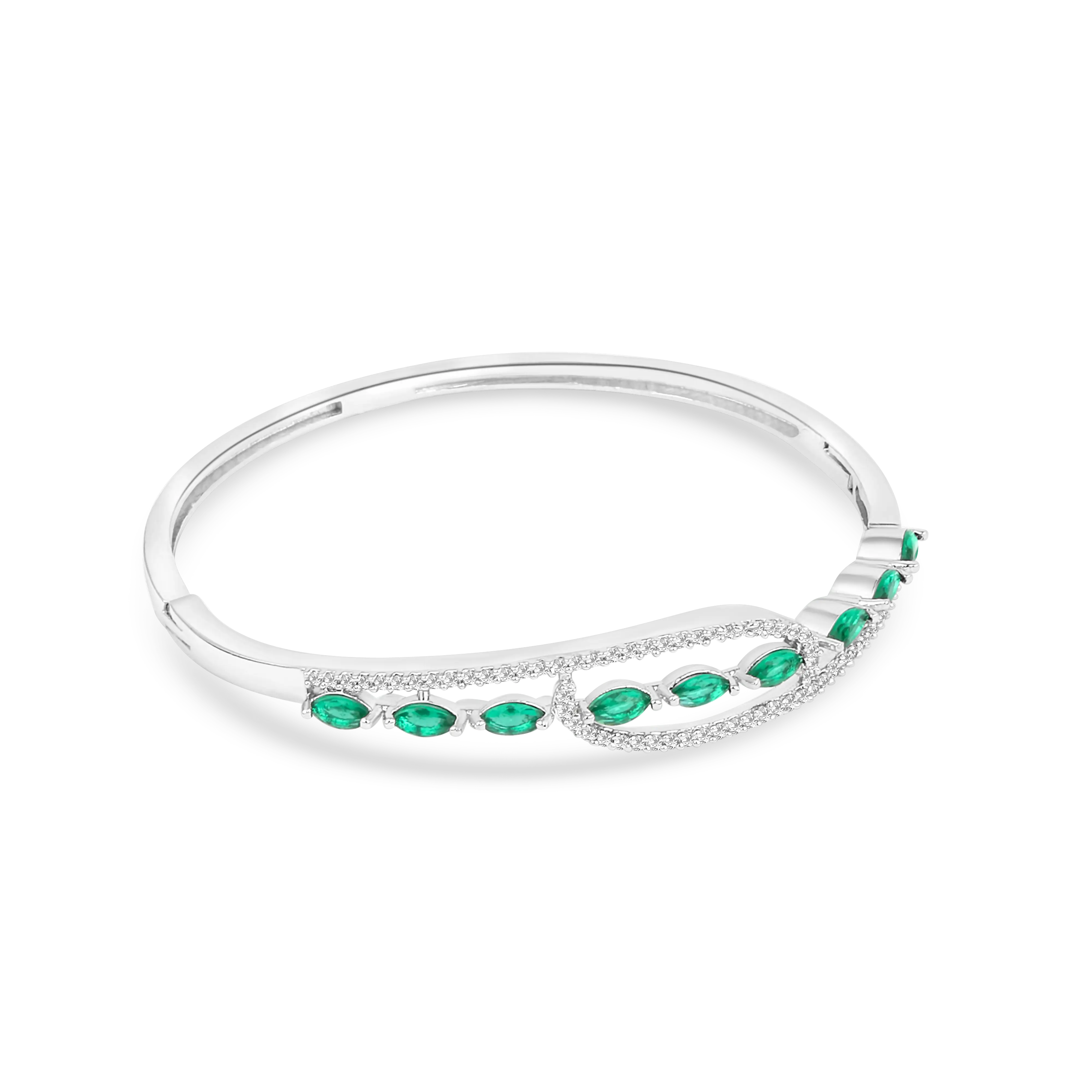 Elegant Silver-Tone Bangle with Green Marquise Crystals & Pave Accents - DZOIR