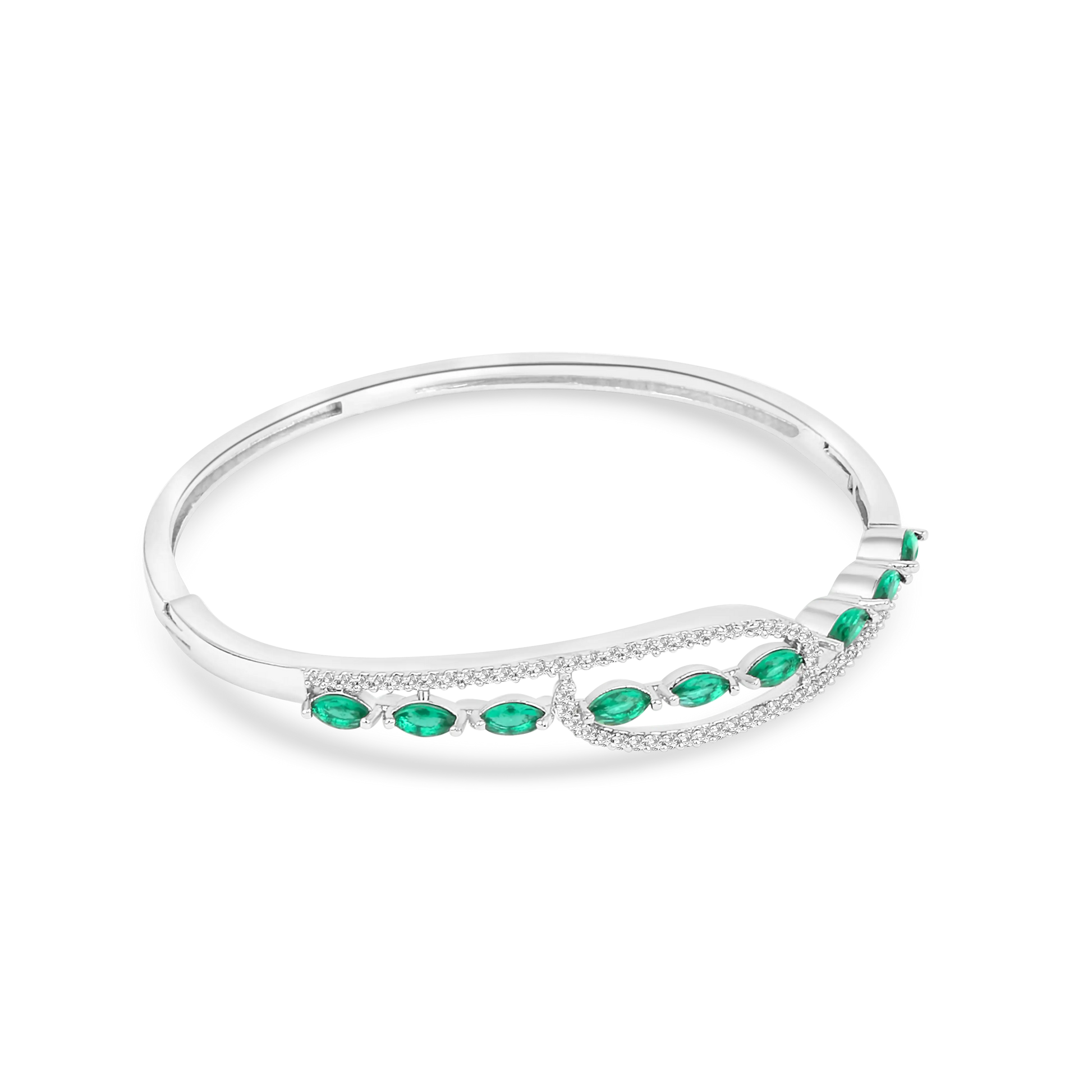 Elegant Silver-Tone Bangle with Green Marquise Crystals & Pave Accents - DZOIR