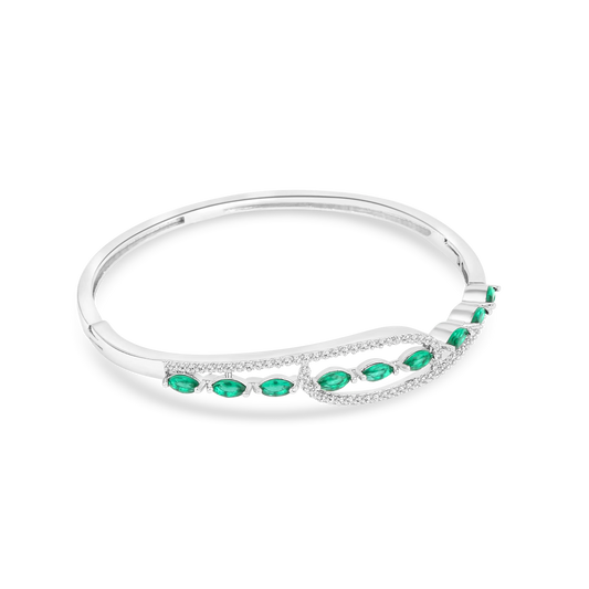 Elegant Silver-Tone Bangle with Green Marquise Crystals & Pave Accents - DZOIR