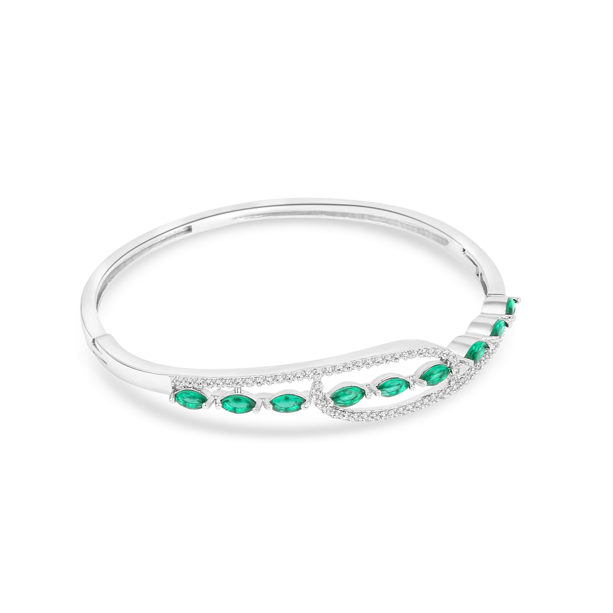 Elegant Silver-Tone Bangle with Green Marquise Crystals & Pave Accents - DZOIR