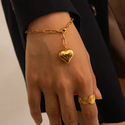 Trendy Gold Plated Heart Charm Bracelet – Chunky Paperclip Chain Design - BELARIC