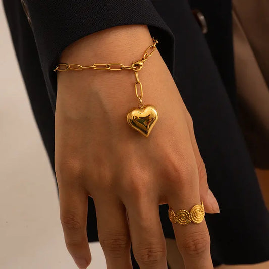 Trendy Gold Plated Heart Charm Bracelet – Chunky Paperclip Chain Design - BELARIC