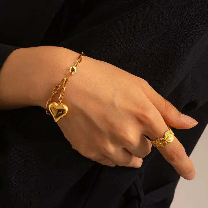 Trendy Gold Plated Heart Charm Bracelet – Chunky Paperclip Chain Design - DZOIR