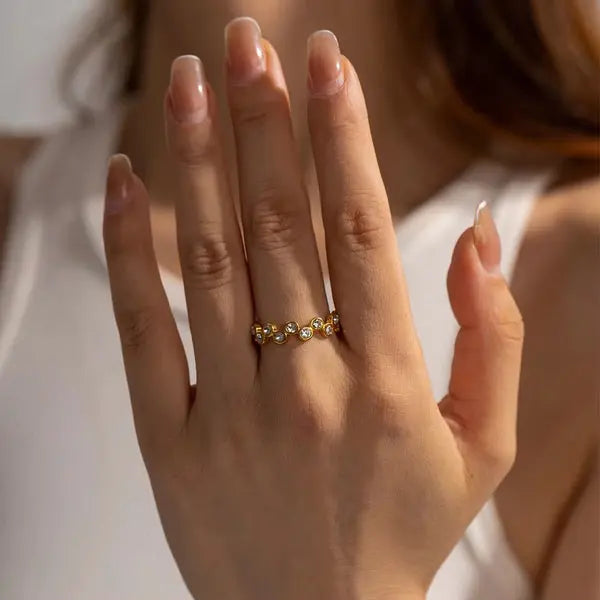 Gold Beaded Eternity Ring – Dainty Stacking Band with Sparkling Zircon Stones - BELARIC