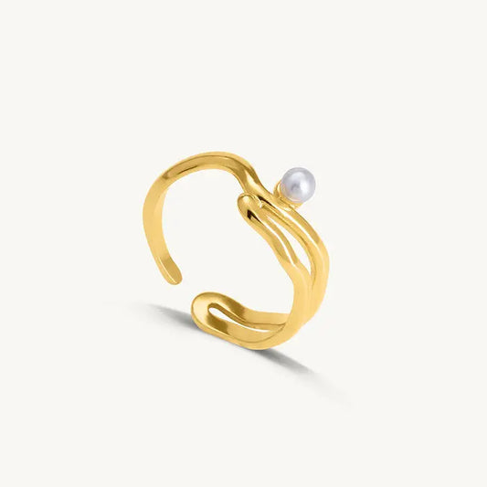 Minimal Gold Pearl Open Ring | Adjustable Designer Statement Ring for Women - BELARIC