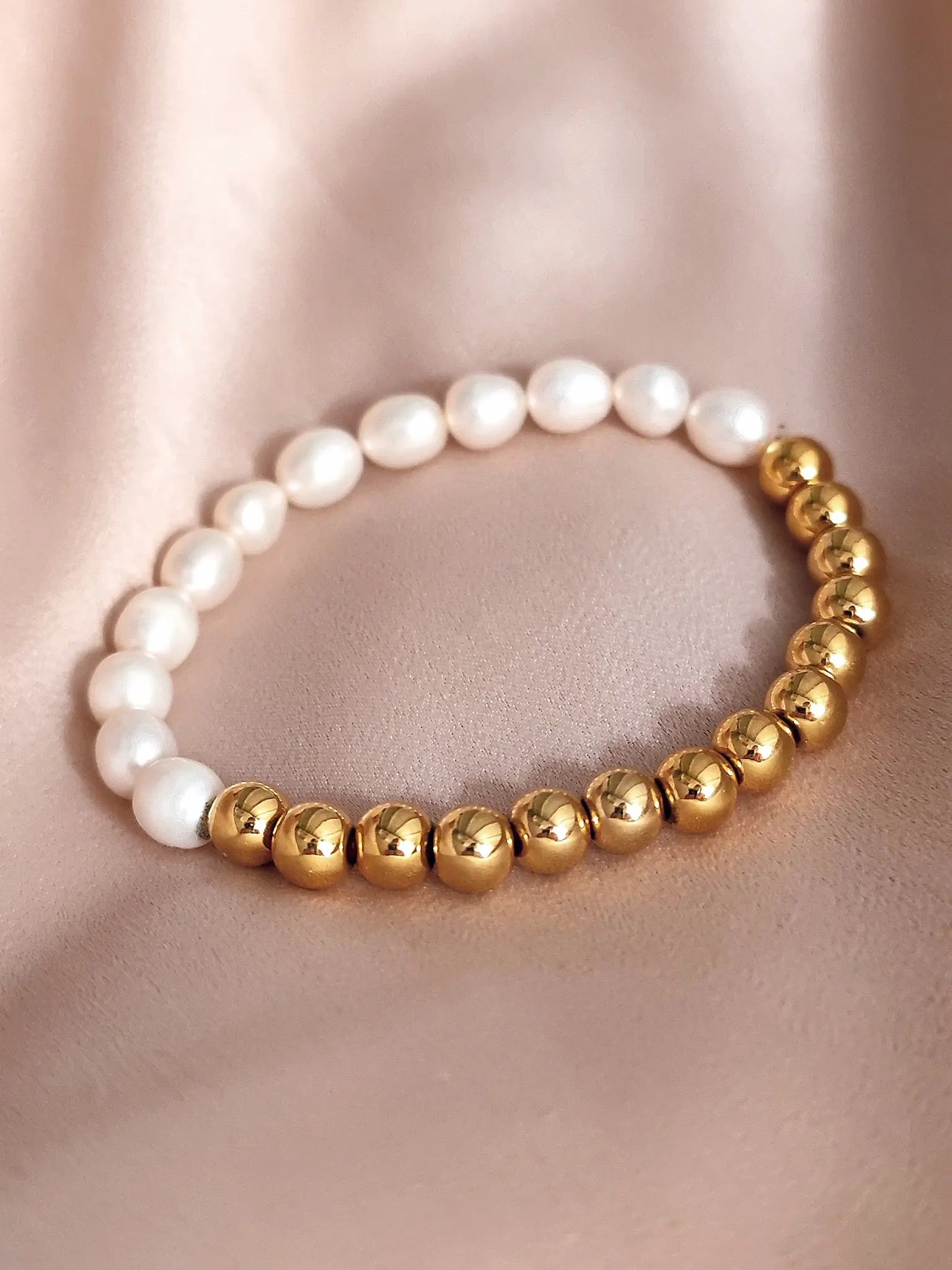 Elegant Half Pearl & Gold Beaded Bracelet – Stretchable Fashion Jewelry for Women - DZOIR