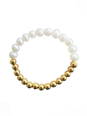 Elegant Half Pearl & Gold Beaded Bracelet – Stretchable Fashion Jewelry for Women - DZOIR