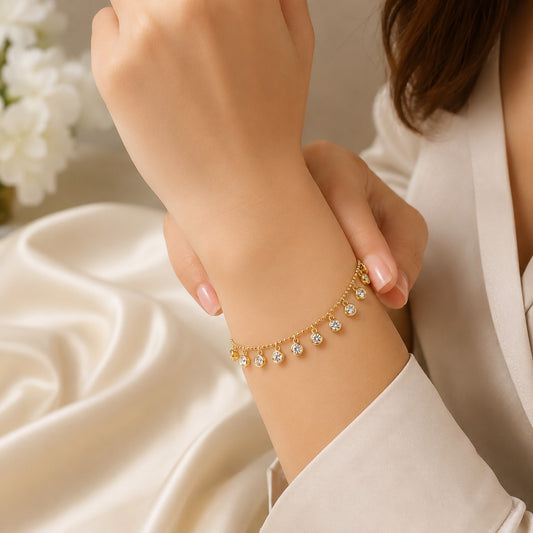 Gold crystal charm bracelet front view - BELARIC