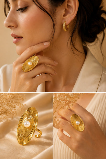 Textured gold pearl ring close-up - BELARIC