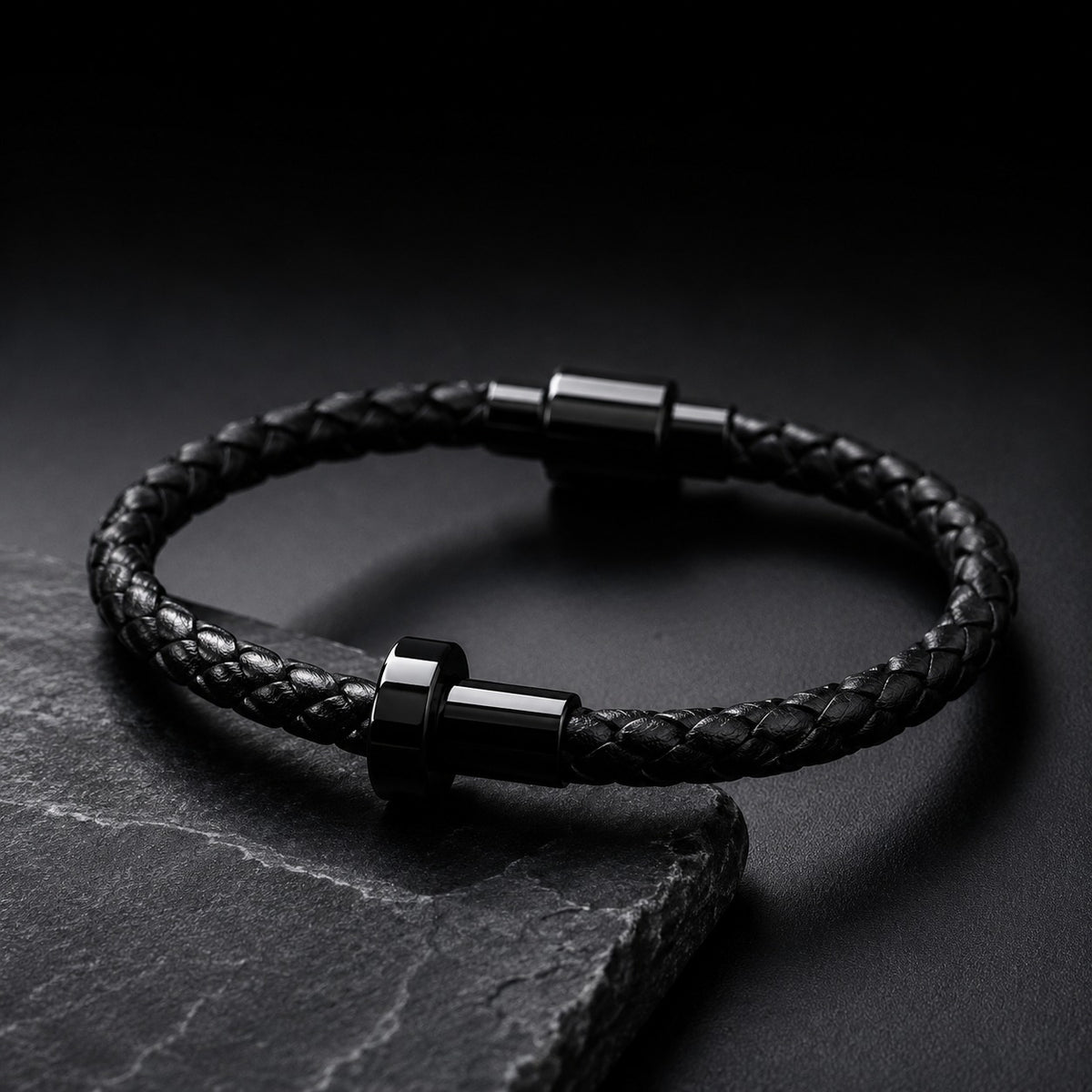 Black leather nail bracelet product view - BELARIC
