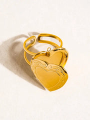 Gold-Plated Heart Locket Ring for Women – Adjustable Double Band Jewelry, Unique Keepsake Gift for Loved Ones - DZOIR