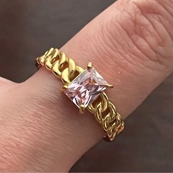 Gold-Plated Chain Link Ring Square-Cut CZ Stone – Adjustable Statement Jewelry for Women & Girls - DZOIR
